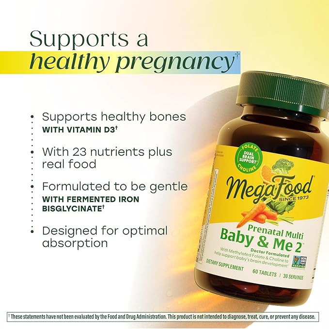 MegaFood Baby &amp Me 2 Prenatal Vitamin and Minerals - Vitamins for Women - with Folate (Folic Acid Natural Form) Choline Iron Iodine and Vitamin C Vitamin D and more - 60 Tabs (30 Servings)