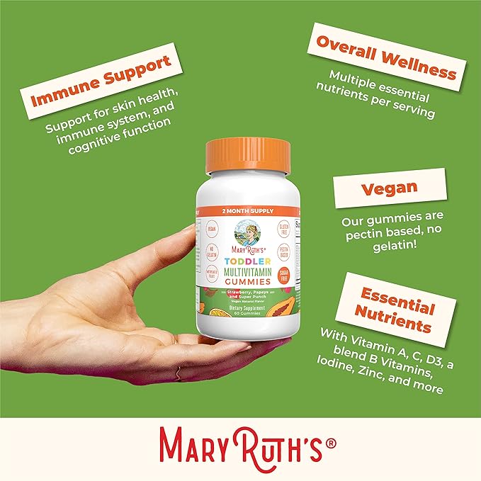 MARYRUTH'S Sugar Free Vitamin Gummies for Kids Age 2 | 2 Month Supply Multivitamin with Vitamin C D3 Zinc | 1 Gummy Per Day | Toddler Vitamins | Sugar Free | Vegan | Non GMO | 60 Count