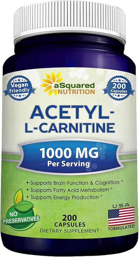 aSquared Nutrition Acetyl L-Carnitine 1000mg Per Serving Max Strength - 200 Veggie Capsules - High Dosage Acetyl L Carnitine HCL (ALCAR) Supplement Pills to Support Pure Energy Brain Function