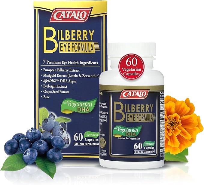 CATALO Bilberry Eye Formula with Vegetarian DHA - Eye Care Supplement Featuring Mirtoselect Bilberry Extract DHA from Algae Lutein Zeaxanthin Grape Seed Extract and Zinc - 60 Vegetarian Capsules