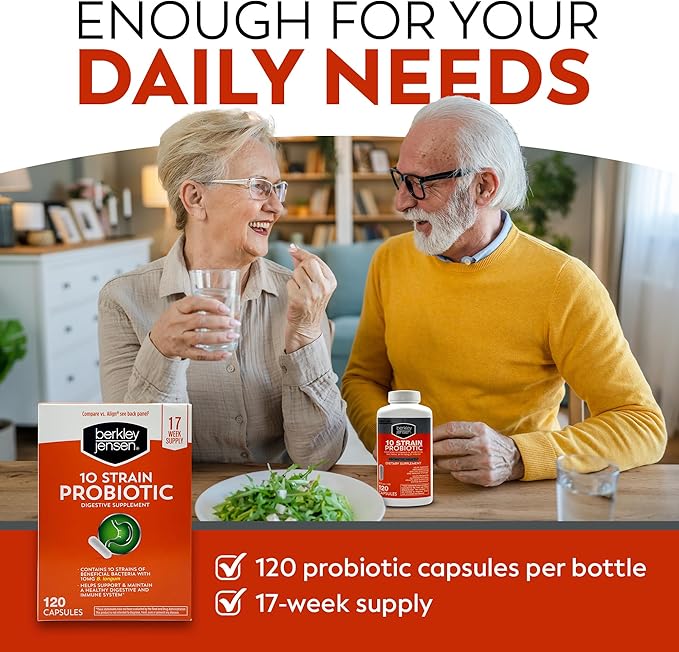 Berkley Jensen Natural 10 Strain Probiotic Supplement Capsules with 10mg B. Longum Loaded with Live Strains &amp Beneficial Gut Flora for Digestive &amp Immune Health - 17-Week Supply 120 Ct