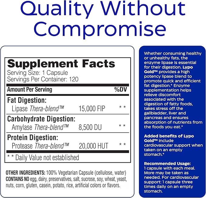 Enzymedica Lypo Gold - Protease Amylase &amp Lipase Digestive Enzymes for Women &amp Men Enzyme Supplement for Fat Digestion Gut Health &amp Gallbladder Support Helps Gas &amp Bloating Gluten