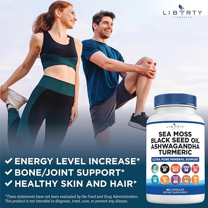 Sea Moss Black Seed Oil Ashwagandha Turmeric Bladderwrack Burdock - with Manuka Honey Dandelion ACV Black Pepper Gluten Free - 2-Pack