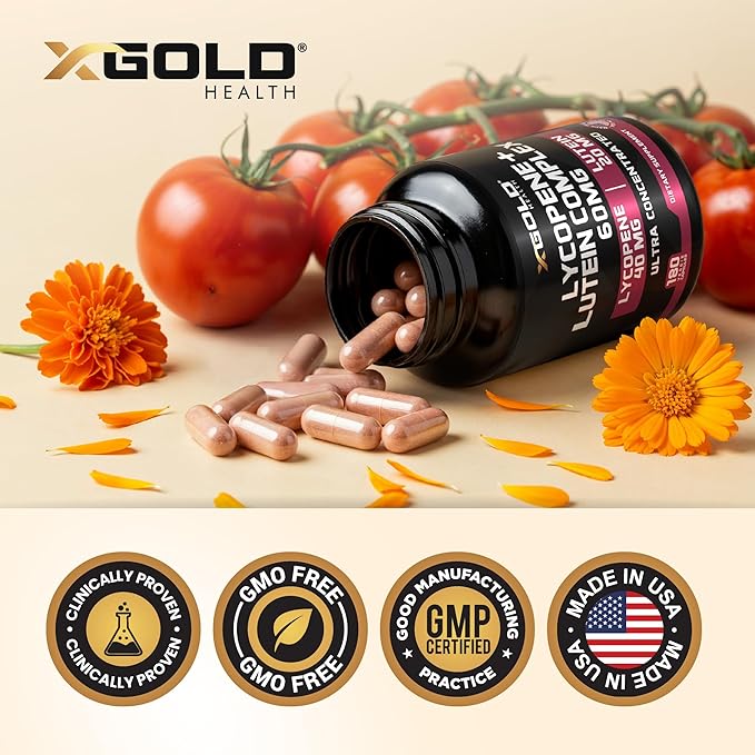 Lycopene + Lutein 60mg Supplement | Eye Health &amp Vision Support | Antioxidant for Healthy Eyes &amp Skin | Non-GMO Gluten Free | 180 Vegetarian Capsules | Made in USA