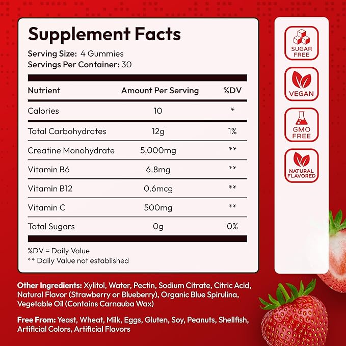 Sugar Free Creatine Monohydrate Gummies 5g Per Serving - 120 Monohydrate Creatine Gummies Advanced Complex with Vitamin C + Vitamin B12 for Muscle Strength Energy Boost Pre-Workout Gummy
