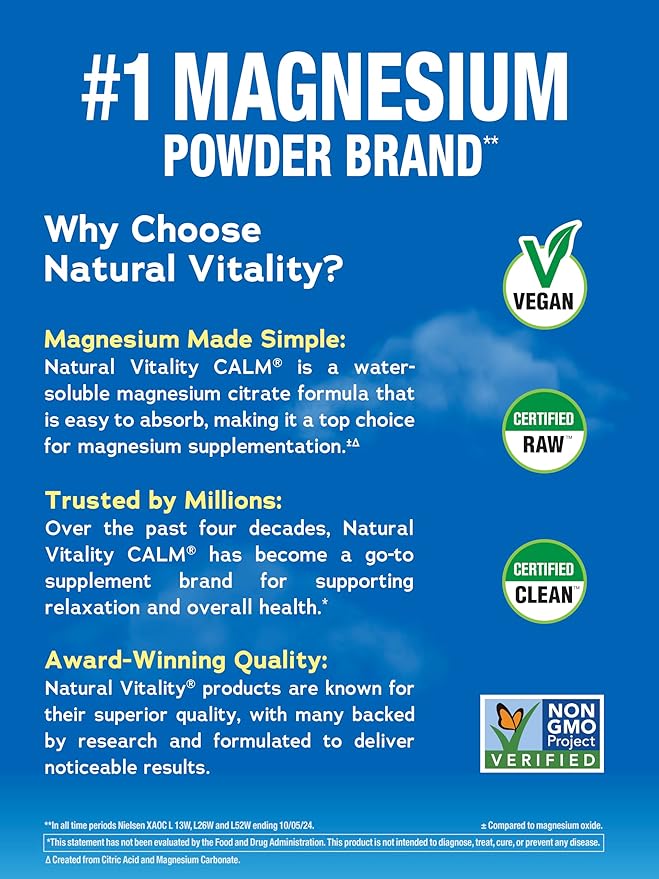 Natural Vitality Calm Magnesium Supplement Anti-Stress Drink Mix Powder Gluten Free Vegan &amp Non-GMO Sweet Lemon 16 oz