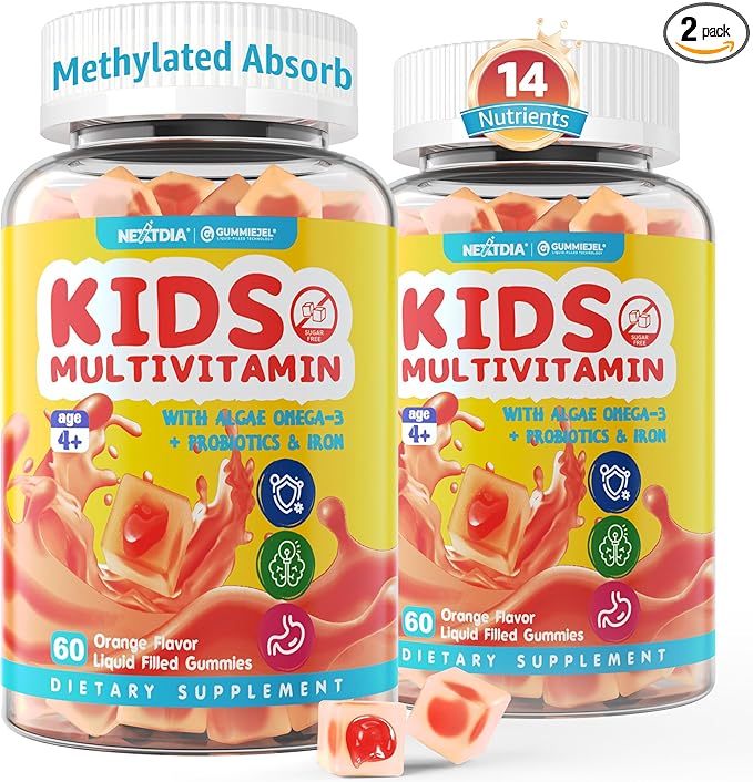 (2 Pack) Kids Multivitamin Gummies with Iron Sugar Free Kids Daily Vitamins + Probiotics Algae Omega 3 (EPA/DHA) A C D Methyl B12 Folate B6 Zinc Biotin for Healthy Growth Immune Support