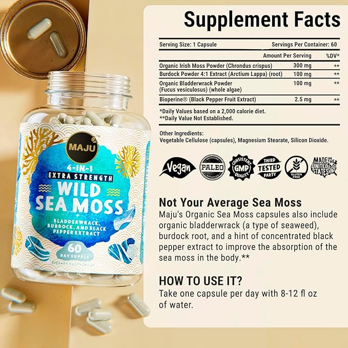 Maju Superfoods 4-in-1 Sea Moss Capsules and Black Seed Oil Capsules Bundle