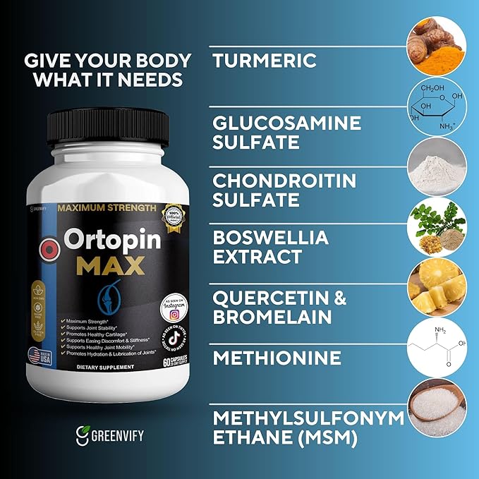 Ortopin MAX Joint Support Supplement Glucosamine Chondroitin Turmeric Boswellia MSM 60 Capsules 20 Day Supply (1)