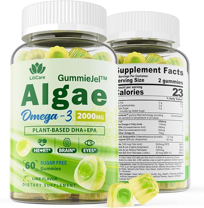 LILICARE Sugar Free Omega 3 Fatty Acid 2000mg With 640mg DHA &amp 290mg EPA Multivitamin CoQ10 Astaxanthin + Ginger Filled Gummies for Nausea - Stomach Relief - Ultra Absorption for Digestive Supp