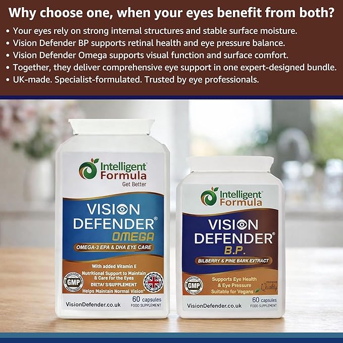 Vision Defender BP and Vision Defender Omega Eye Care Bundle – Eye Supplements to Support Eye Health with Bilberry Pine Bark Omega-3 Fish Oil (EPA DHA) Vitamin E. Made in UK by Eye Specialists