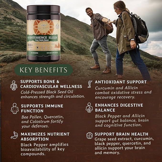Horus Quintessence Elixir Black Seed Oil Gummies – Cold-Pressed Bee Pollen Date Palm Extract – Immune &amp Vitality Support – Sugar-Free – Made in USA – 90 Count