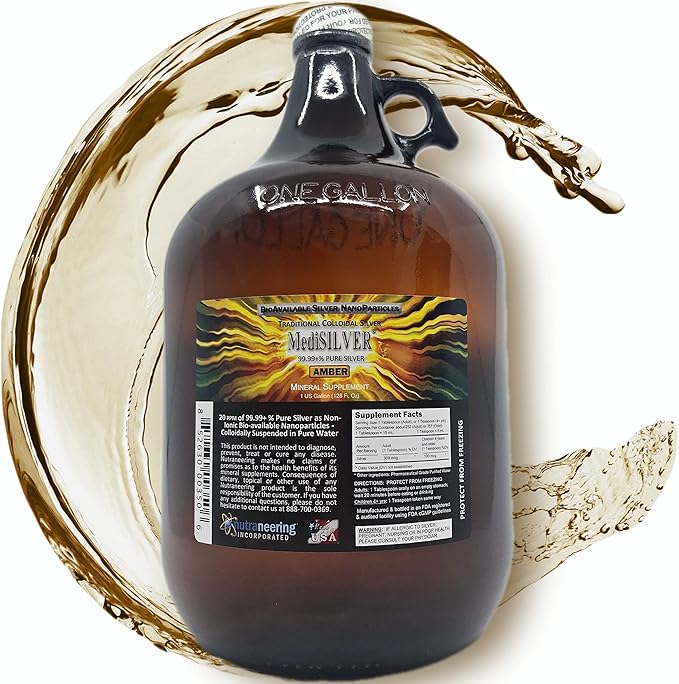 MediSILVER Amber Immunity Booster Traditional True Colloidal Silver AgNP Nutrient - 1 Gallon in Amber Glass Jug