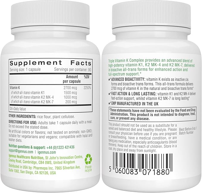 Igennus High Strength Triple Vitamin K Complex 2700 mcg K1 &amp K2 (MK-4 &amp MK-7) 1-a-Day Clean Label Advanced Bioactive Forms Bone &amp Cardiovascular Support Vegan 90 Fast Action Capsule
