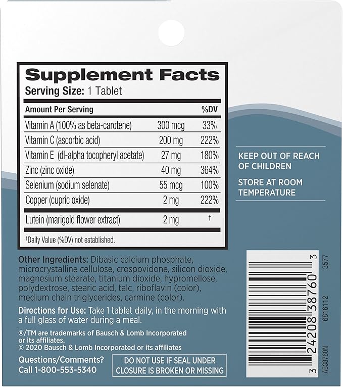 Bausch + Lomb Ocuvite Eye Vitamin &amp Mineral Supplement Contains Zinc Vitamins A C E &amp Lutein 60 Tablets (Pack of 2)