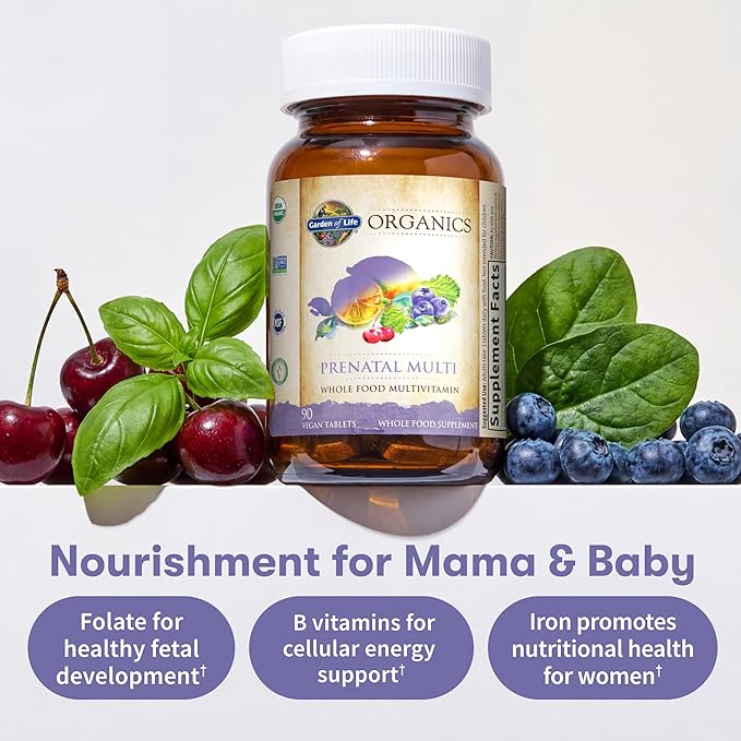 Garden of Life Organics Prenatal Multivitamin with Folate B6 B12 D3 &amp Iron – Prenatal Vitamins for Women with Energy Metabolism Support for Healthy Fetal Development Non-GMO Vegan 30 Serving