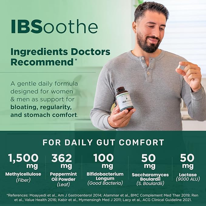 IBSoothe Digestive Health Supplement for Women &amp Men with Fiber Probiotics Enzymes &amp Peppermint Oil for Gas Relief IBS/Constipation Relief 90 Capsules