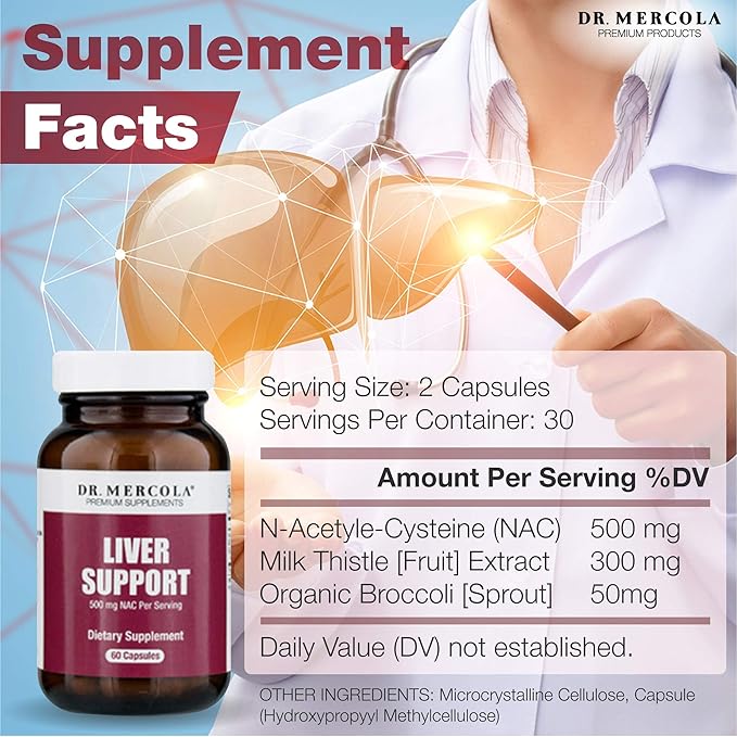 Dr. Mercola Liver Support Formula – 60 Capsules – 2 Bottles - Natural Liver Cleanse &amp Detox: N-Acetyl Cysteine Milk Thistle &amp Organic Broccoli Powder – Supports Healthy Liver Function &amp R