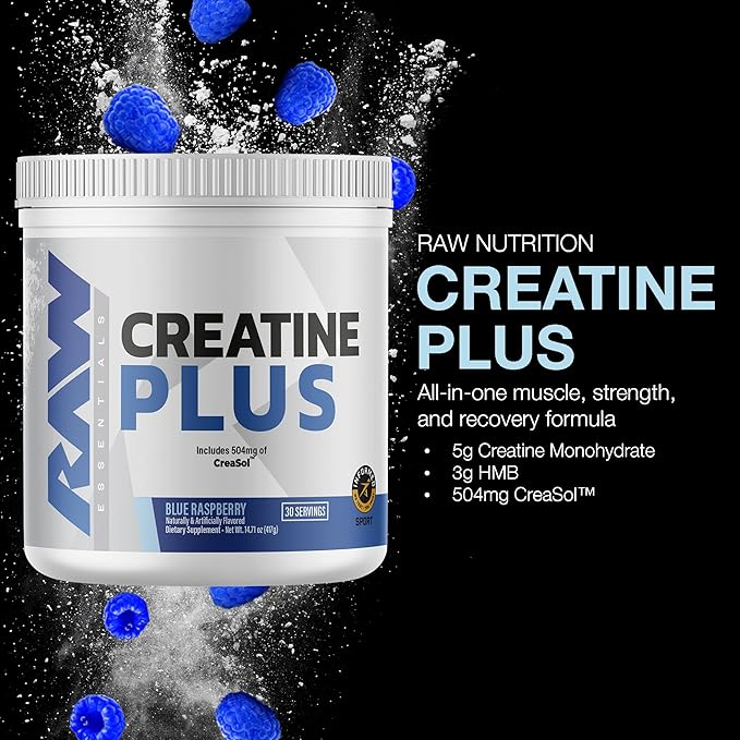 RAW Creatine Plus Creatine HMB Powder for Men &amp Women - Creatine Monohydrate Powder with HMB Taurine &amp No Added Sugar - Muscle Mass Growth Strength Building &amp Enhanced Energy - Blue Ras