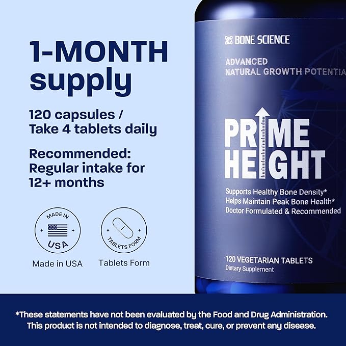 BONE SCIENCE Primeheight Bone &amp Growth Support with Calcium Vitamin D3 K2 Magnesium Zinc - Nutrient-Based Vegan Immune Formula Non-GMO 120 Tablets