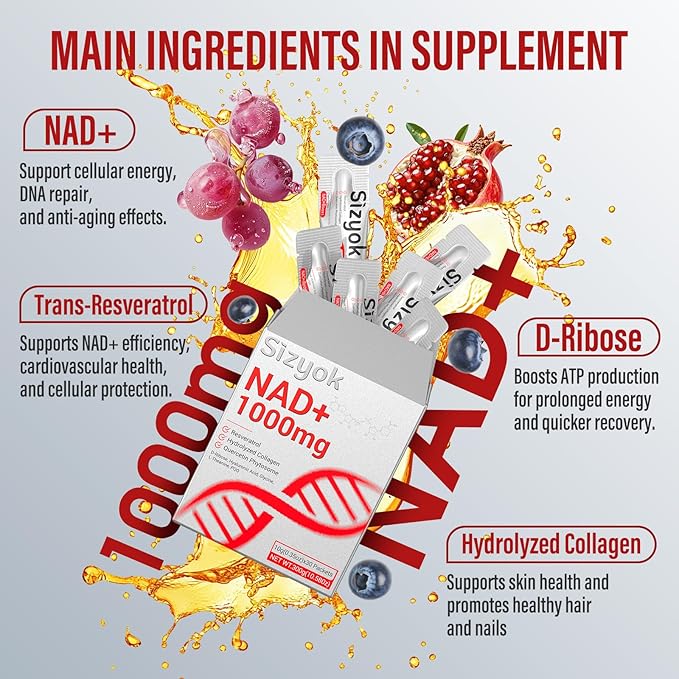 NAD+ Supplement 1000mg Liquid - High Absorption NAD+ with Trans Resveratrol 2000mg Collagen &amp Hyaluronic Acid Anti-Aging Energy Support for Women Cellular Health &amp Longevity Boost
