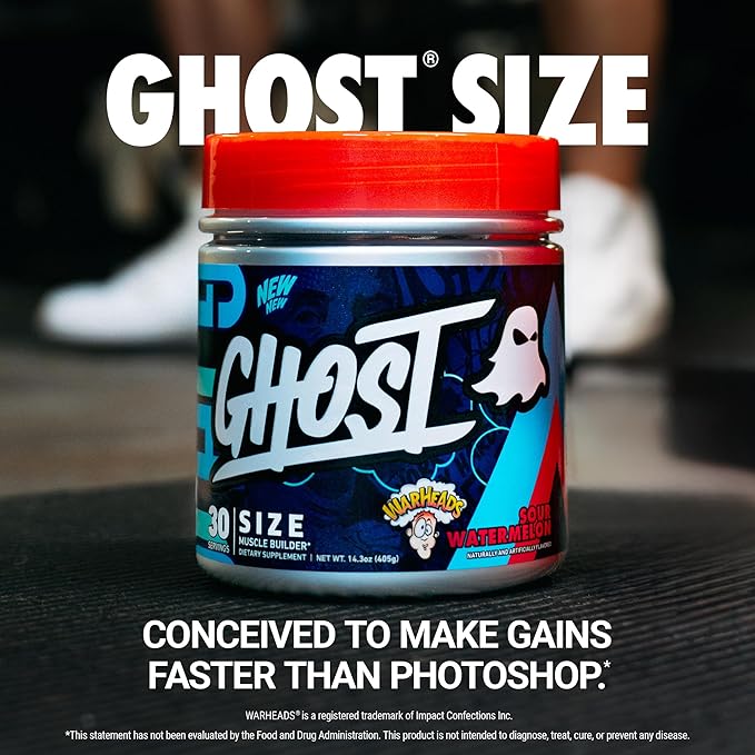 GHOST Size Muscle Builder Dietary Supplement - Warheads Sour Watermelon 30 Servings – Support Muscle Growth &amp Strength Building for Men &amp Women - Creatine &amp Betaine - Free of Sugar &amp