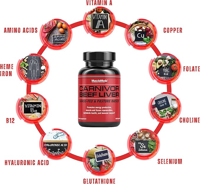 MuscleMeds Carnivor Beef Liver Capsules Energy Production Muscle Recovery Immunity Non-GMO Liver Health Supplement Grass Fed 180 Capsules