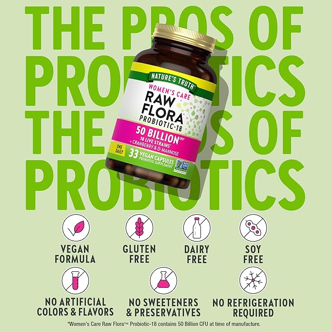 Raw Flora Probiotics for Women | 50 Billion CFU | 33 Capsules | with Cranberry and D-Mannose | Vegan Non-GMO &amp Gluten Free Supplement