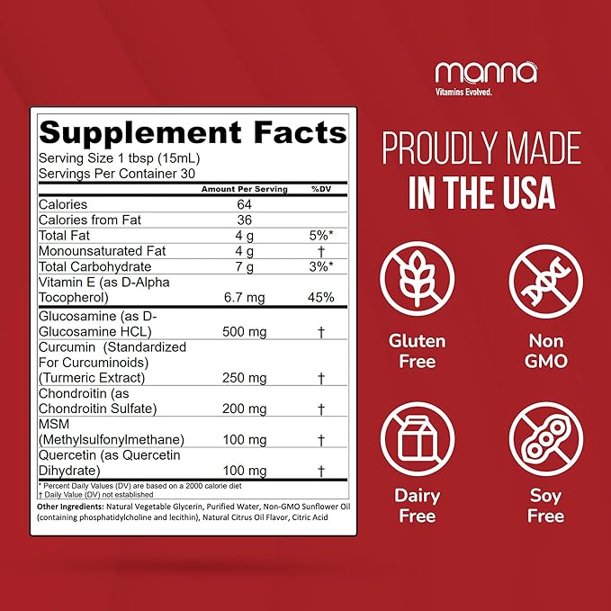 Manna Vitamins Evolved Liposomal Joint Relief Supplement for Women Men Includes Curcumin Glucosamine Chondroitin Quercetin for Joint Health Swelling Aches Increase Range of Motion Mobility