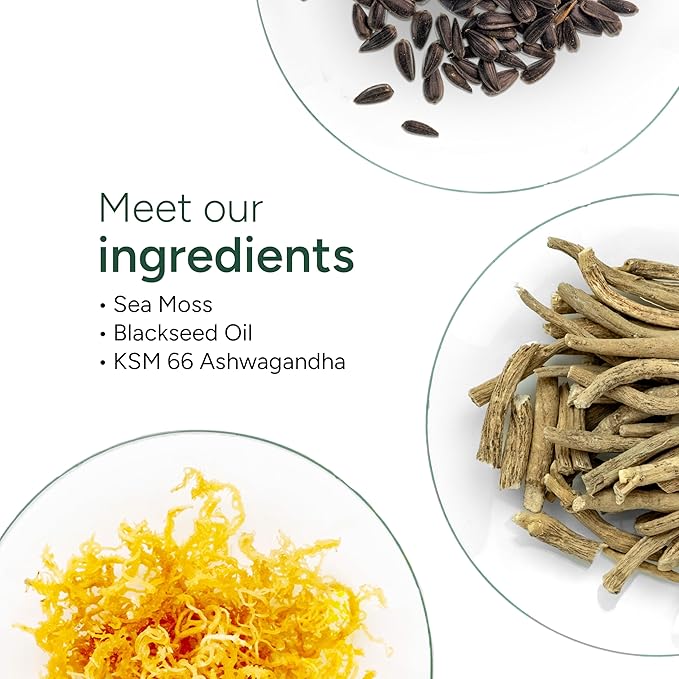 Sea Moss Gummies I 92+ Minerals I Black Seed Oil I KSM 66 Ashwagandha I Lab Tested I No Added Sugar | for Men Women I Non-GMO I 100% Natural &amp Organic I 1600 mg I 120 Gummy