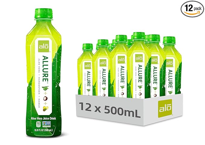 ALO ALLURE Aloe Vera Juice | Plant-Based Drink with Aloe Vera Pulp Mangosteen + Mango Juice| Aloin Free Non GMO | 16.9 FL OZ (500mL) Bottles | Pack of 12