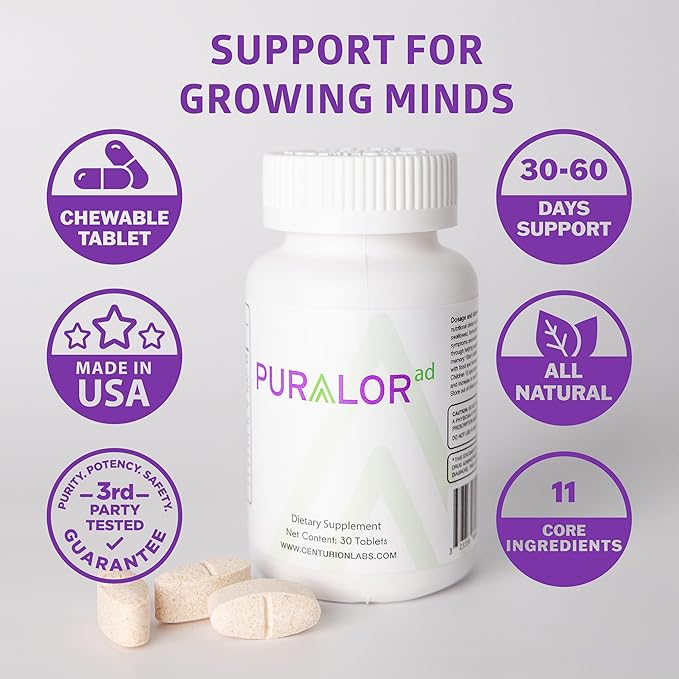 Centurion Premium Puralor AD Cognitive and Focus Supplement for Kids with Saffron Folate Vitamin C D and Zinc 30 Chewable Tablets