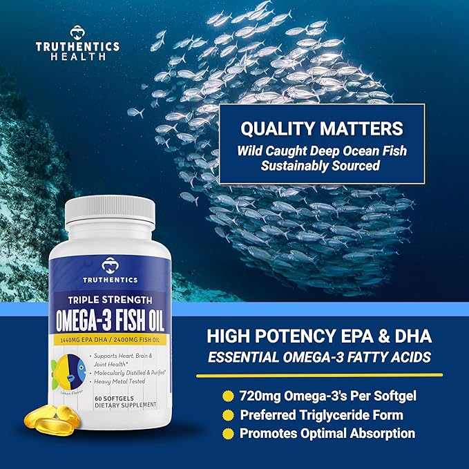 TRUTHENTICS Omega 3 Fish Oil - 2400 mg Triple Strength High EPA + DHA Omega-3 Fatty Acids for Men &amp Women - Burp-Free Lemon Flavor Fish Oil Supplement - 60 Softgels