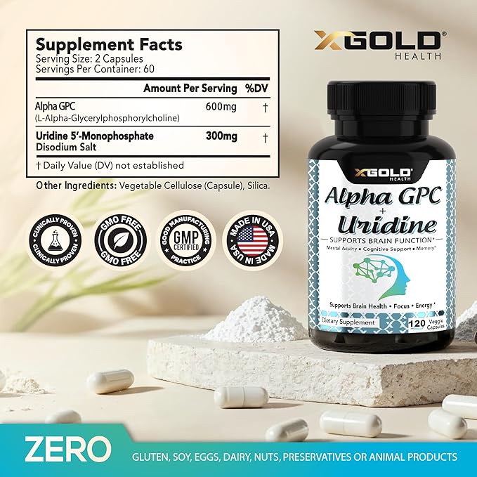 Alpha Gpc + Uridine 900mg – Powerful Nootropic for Boost Focus Memory Energy Mood &amp Cognitive Performance – 120 Vegetarian Capsules