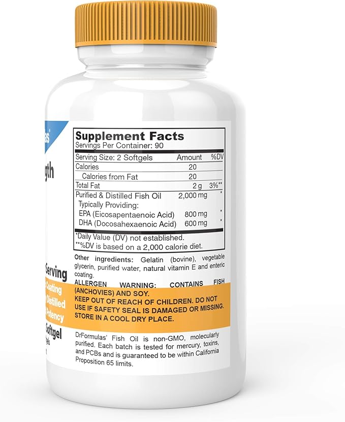 DrFormulas 2000mg Triple Strength Omega 3 Fish Oil with EPA and DHA 180 Burpless Softgels
