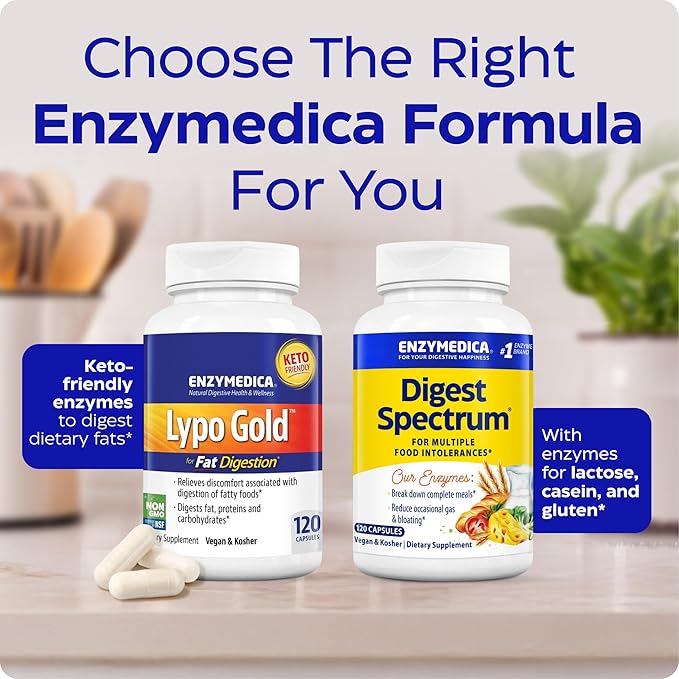 Enzymedica Lypo Gold - Protease Amylase &amp Lipase Digestive Enzymes for Women &amp Men Enzyme Supplement for Fat Digestion Gut Health &amp Gallbladder Support Helps Gas &amp Bloating Gluten