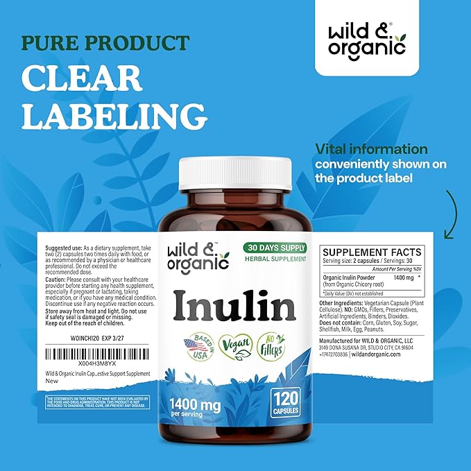 Wild &amp Organic Inulin Capsules 1400 mg - Digestive &amp Gut Support - Inulin Prebiotic Fiber Powder Supplement - Chicory Root Derived - Vegan No Fillers Non-GMO - 120 Count