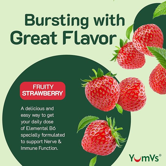 YUM-V'S Vitamin B6 Gummies - High Potency Vitamin B6 100mg - Strawberry Flavor B6 Vitamins Gummies - Nerve &amp Immune Function Non GMO Kosher 60 Count - 2 Pack