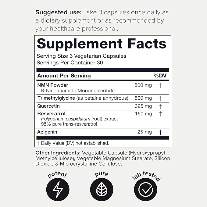 1500mg NMN Supplement with Resveratrol – High Potency Nicotinamide Mononucleotide 500mg with Trimethylglycine Quercetin Resveratrol &amp Apigenin – Pure NMN Capsules – Third-Party Tested – 30 Servi