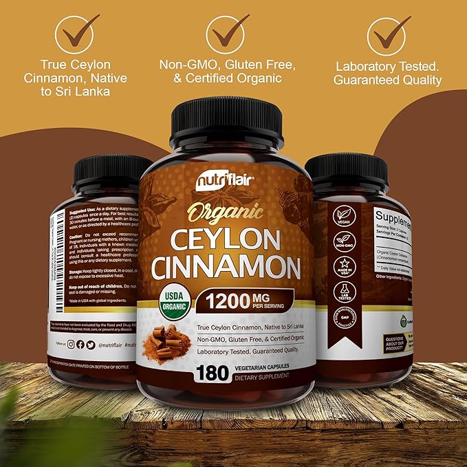 NutriFlair Organic Ceylon Cinnamon (100% Certified Organic Ceylon Cinnamon) 1200mg per Serving 180 Capsules - Joints Inflammatory Antioxidant