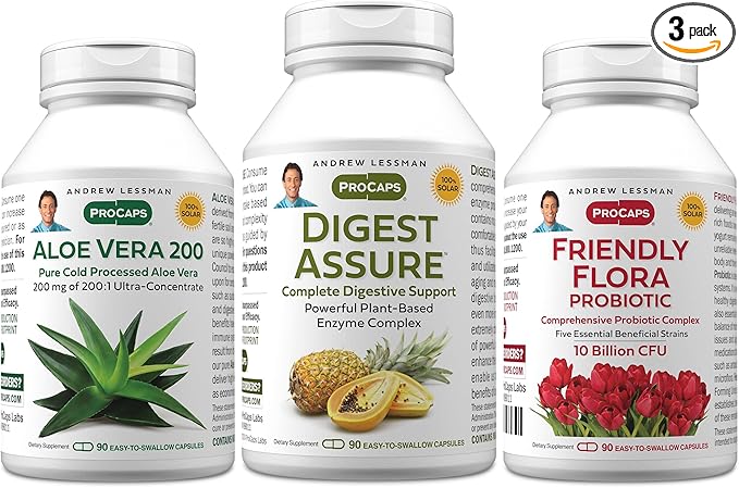 ANDREW LESSMAN Complete Digestion Kit – 270 Capsules – 3-Product Bundle: 90 Capsules Each of Digest Assure Aloe Vera-200 and Friendly Flora Probiotic for Targeted Support to the Digestive System