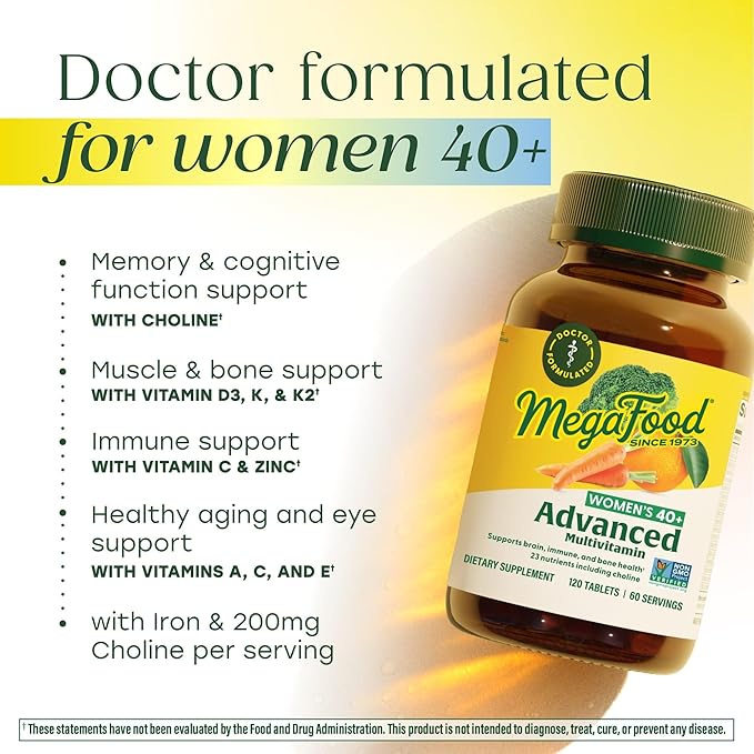 MegaFood Women's 40+ Multivitamin - Multivitamin Supplement for Women with Iron Vitamins C B12 K2 A B6 Choline and more - Non-GMO Gluten-Free - Vegetarian - 60 Tabs (30 Servings)