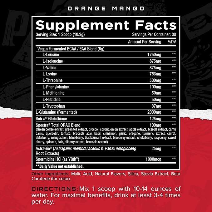 Unmatched Longevity EAA Essential Amino Acids | Muscle Build &amp Recovery | Performance &amp Health-Span Benefits | Natural Flavors &amp Sweeteners | 30 Servings (Orange Mango)