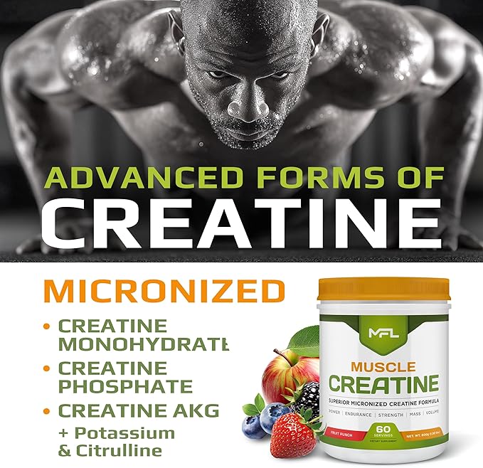 MFL Muscle Creatine | 3 Forms of Micronized Creatine | 10g | 0 Sugar | Sweetened with Stevia | All-Natural | 60 Servings (Fruit Punch)