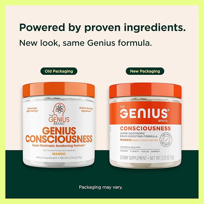 Genius Consciousness Super Nootropic Brain Supplement Powder Mango - Boost Focus Cognitive Function Concentration &amp Memory Booster - Alpha GPC &amp Lions Mane Mushroom for Neuro Energy &amp