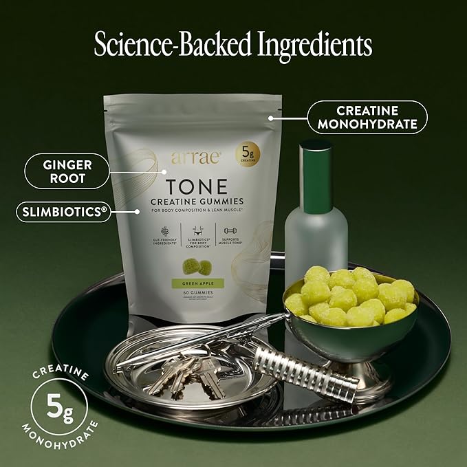 Arrae Tone Gummies – Creatine Monohydrate 5g for Women – Support Lean Muscle Strength &amp Recovery – Hormone-Friendly Muscle Toning Supplement – Sour Green Apple Flavor – 60 Count (Sour Green Apple