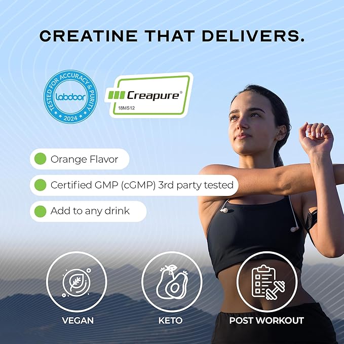 Muscle Feast Creapure Creatine Monohydrate Powder Vegan Keto Friendly Gluten-Free Easy to Mix Muscle Recovery Supplement Trusted Creatine for Muscle Growth Flavored Creatine Natural Orange 300g