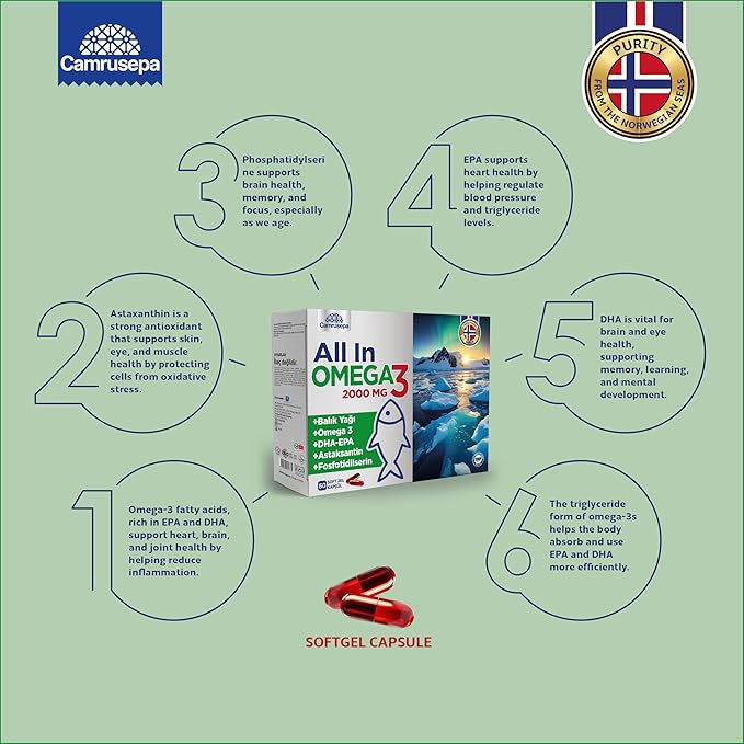 All in Omega-3 – Triglyceride Softgel Capsules for EPA &amp DHA Astaxanthin &amp Phosphatidylserine – Supports Heart Brain Joint – 60 Softgels