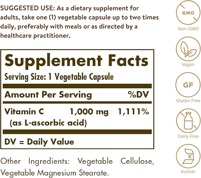 Solgar Vitamin C 1000 mg 250 Vegetable Capsules - Antioxidant &amp Immune Support - Overall Health - Healthy Skin &amp Joints - Bioflavonoids Supplement - Non GMO Vegan Gluten No Kosher - 250 Se