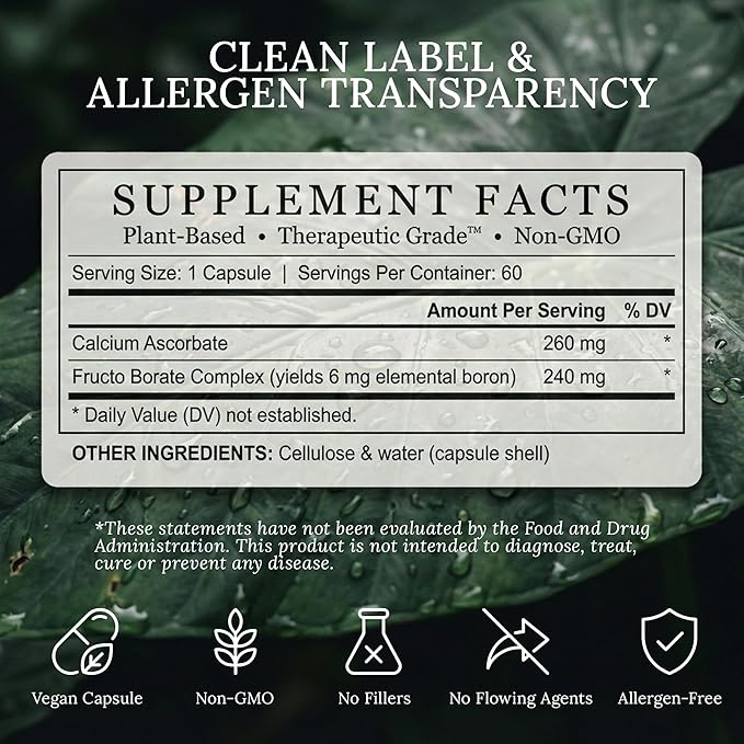 Bioavailable Boron Supplement 6mg. 60 Caps of Fructo Borate Bor Complex Supports Healthy Bones Joints Metabolism. Whole Food Derived Boron Joint Supplement w/ Carbohydrate Linkage. Vegan Non-GMO